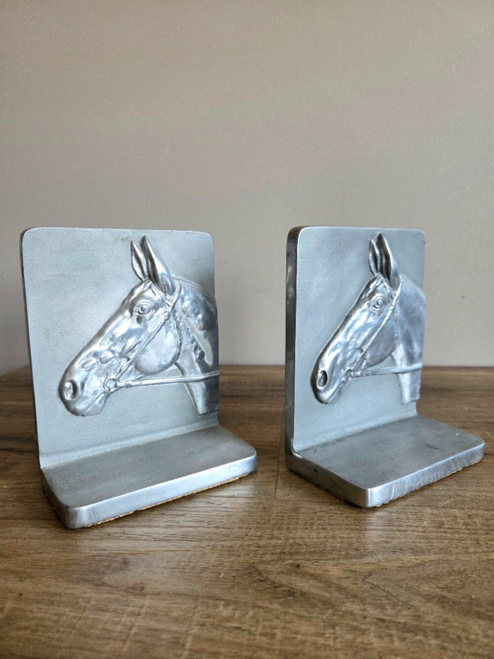 Vintage Bruce Fox Cast Aluminum Pair of Bookends with Horse's Heads Midcentury